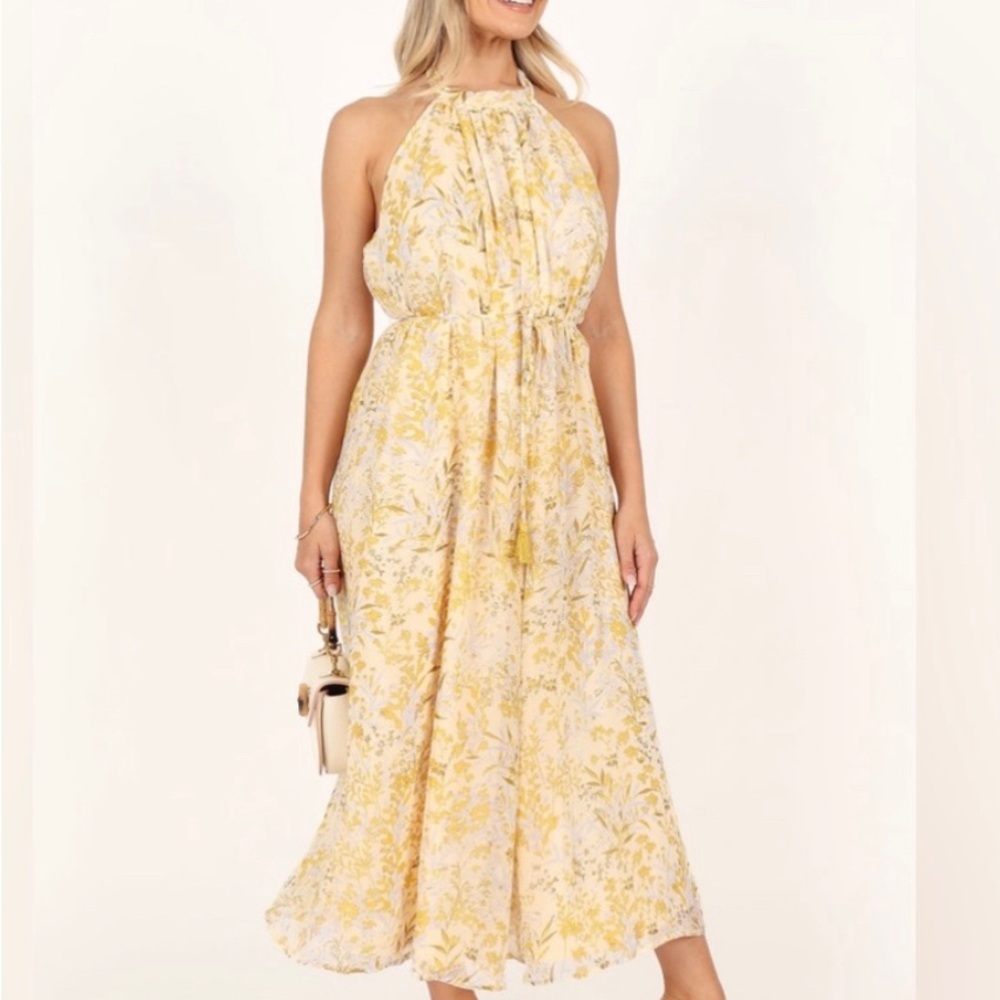 Floral Halter Neck Dress in Yellow and Cream